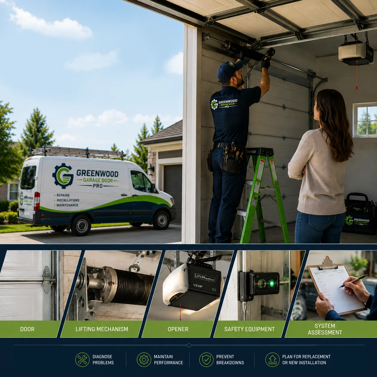 Technician handling complete garage door service needs in Greenwood