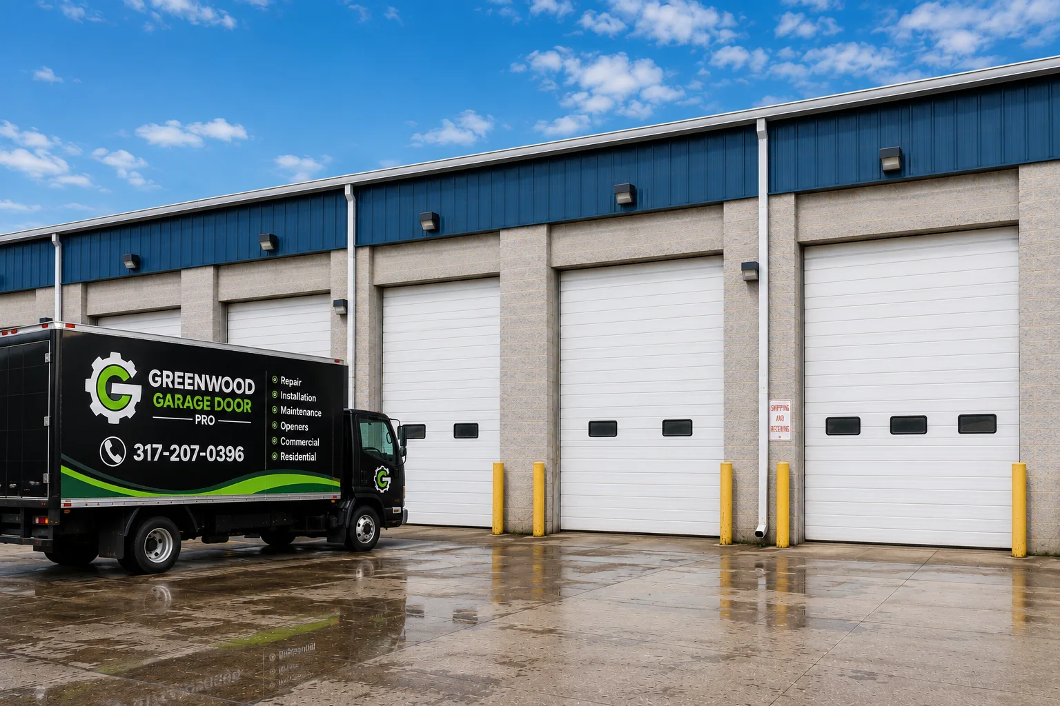 Modern commercial garage door after service