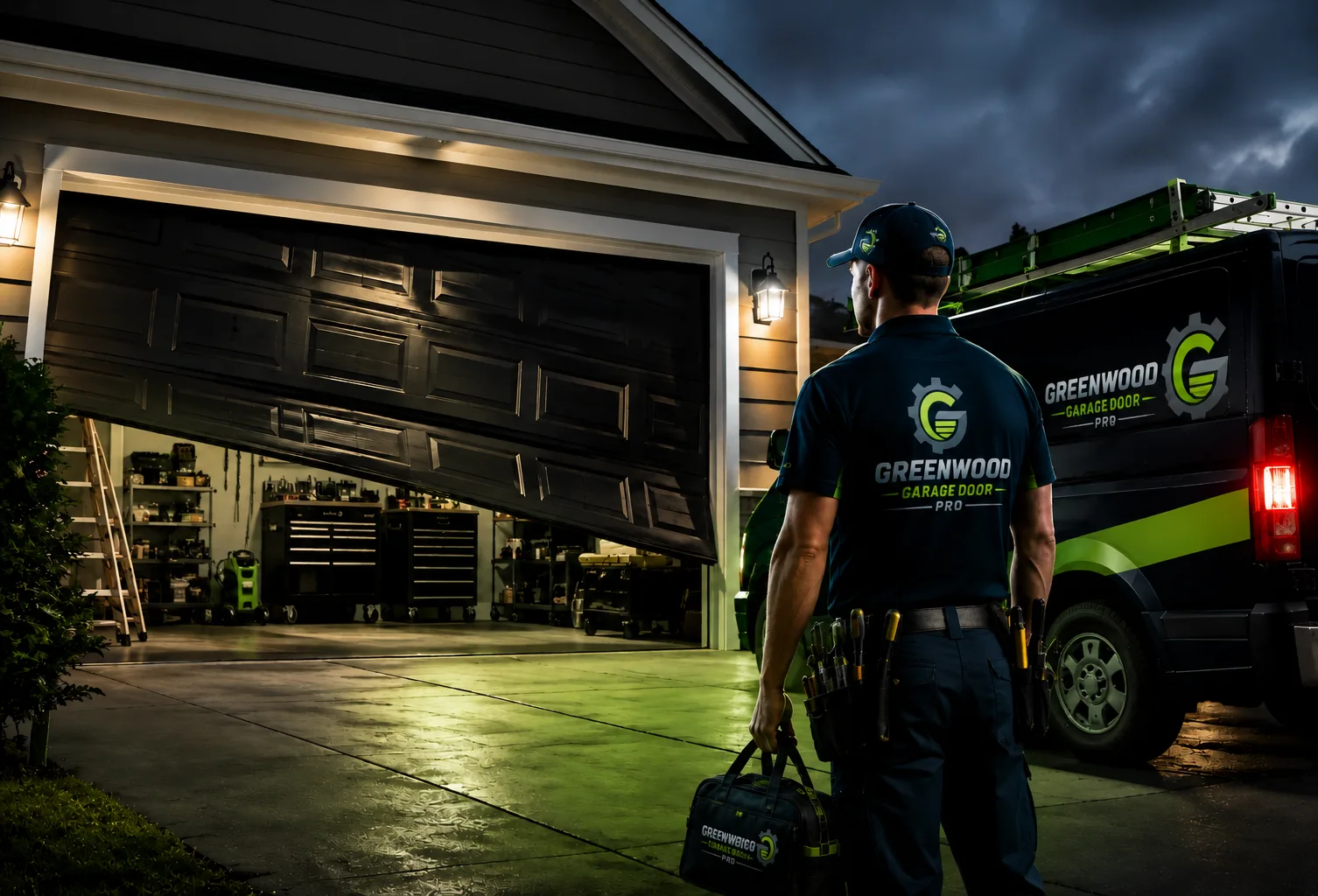 Technician handling garage door panels needs in Greenwood