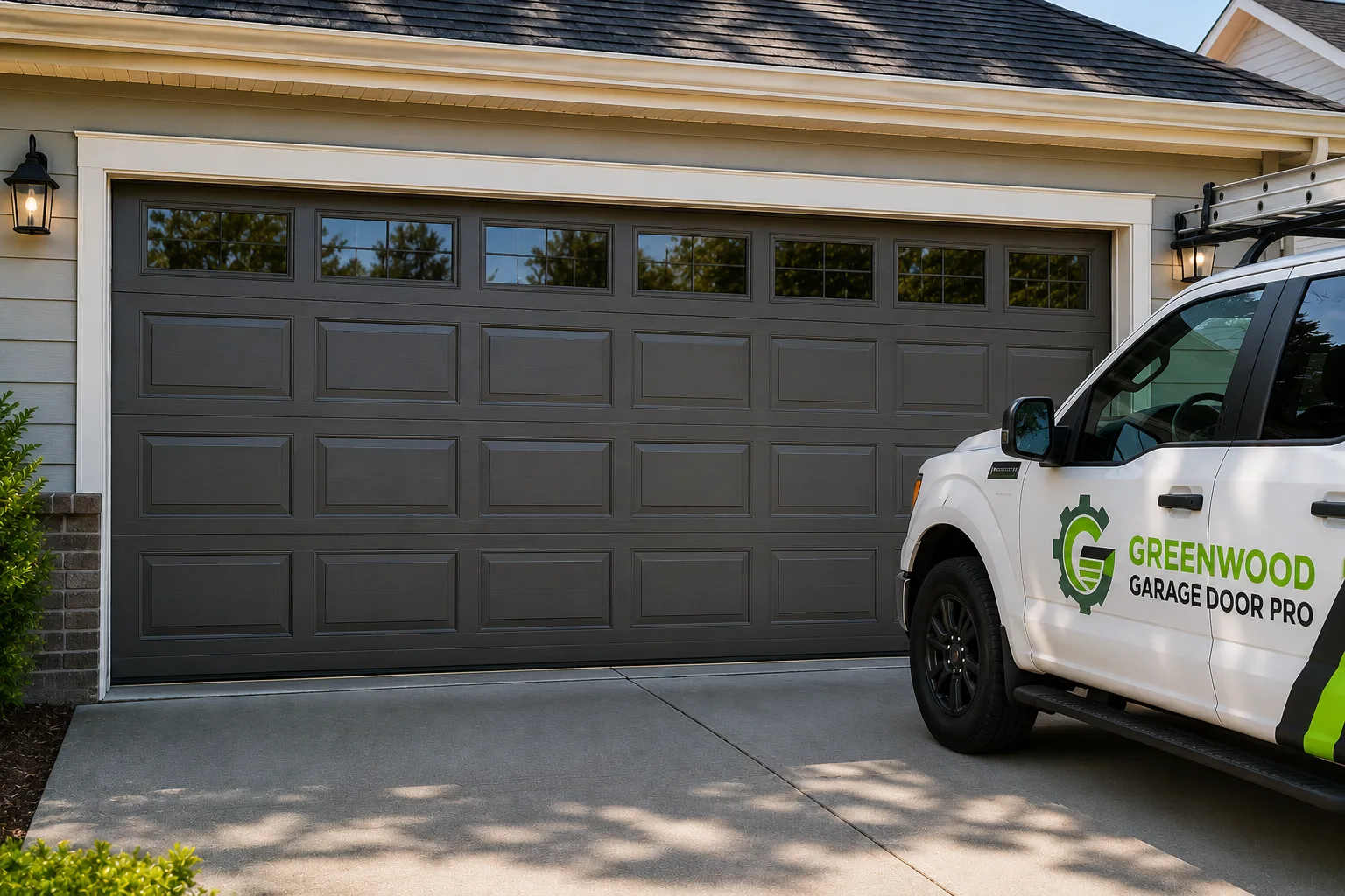 Modern residential garage door after service