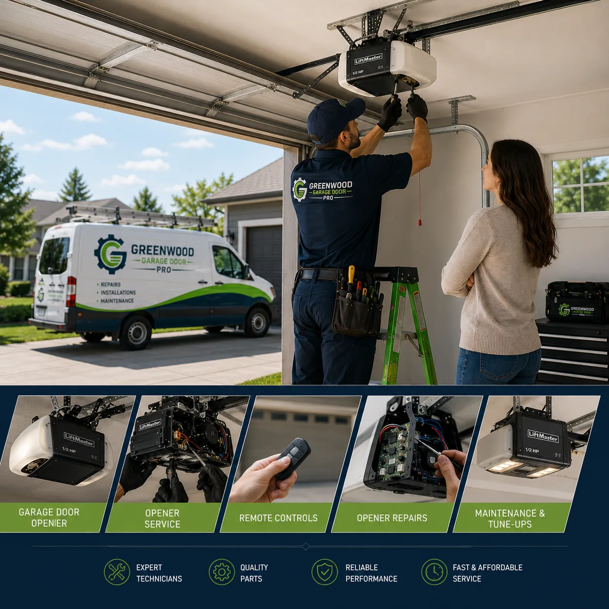 Technician handling complete garage door opener service 