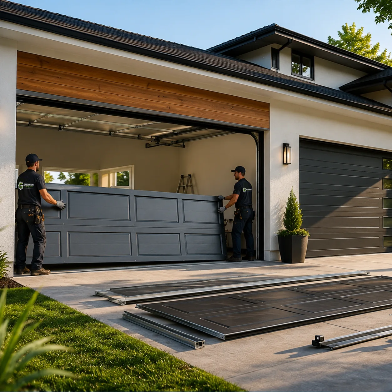 Technicians handling complete garage door replacement